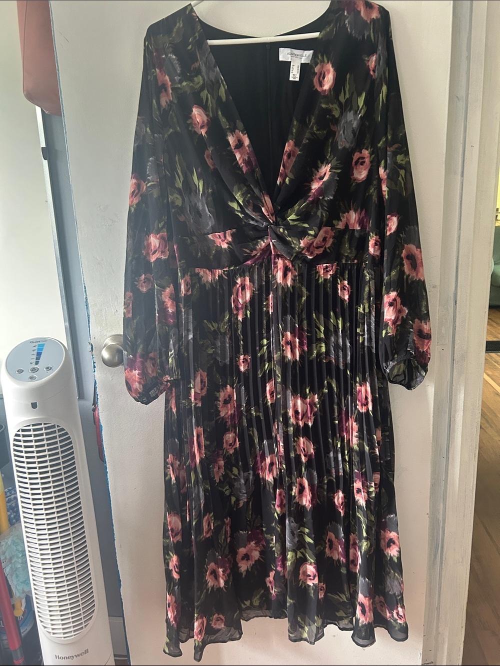 Addition Elle Black Floral Midi Dress with Pink Blooms
